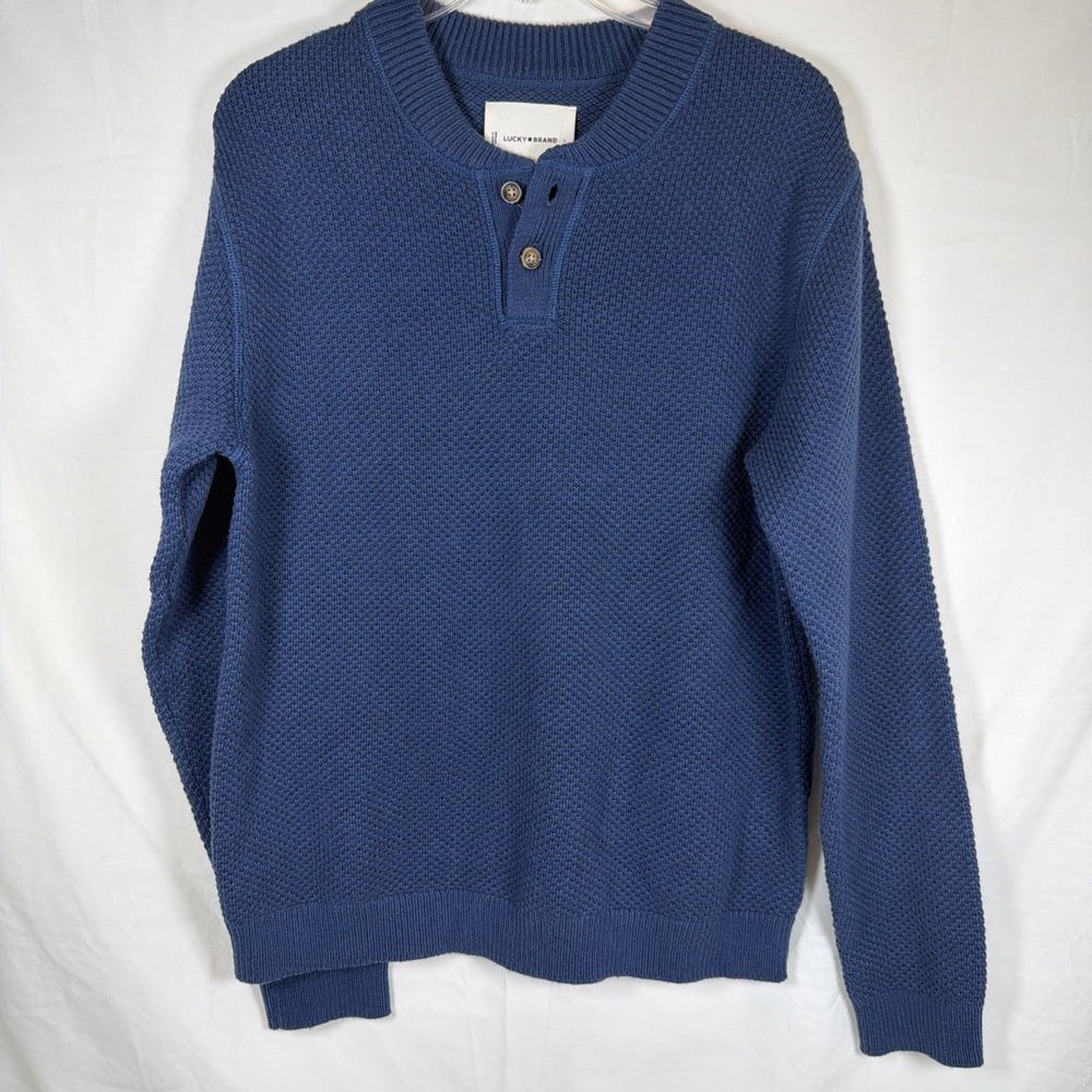 Lucky Brand Men's Blue Henley Sweater Size L Knit Pullover Long Sleeve